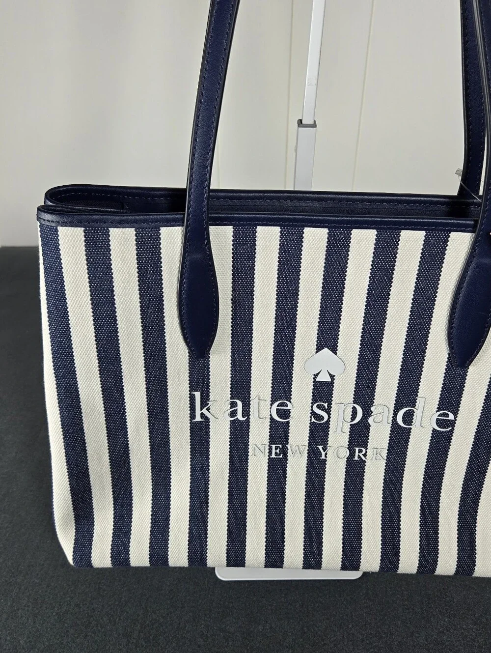 kate spade Navy & White Vertical Stripe Canvas Tote with Leather Handles
